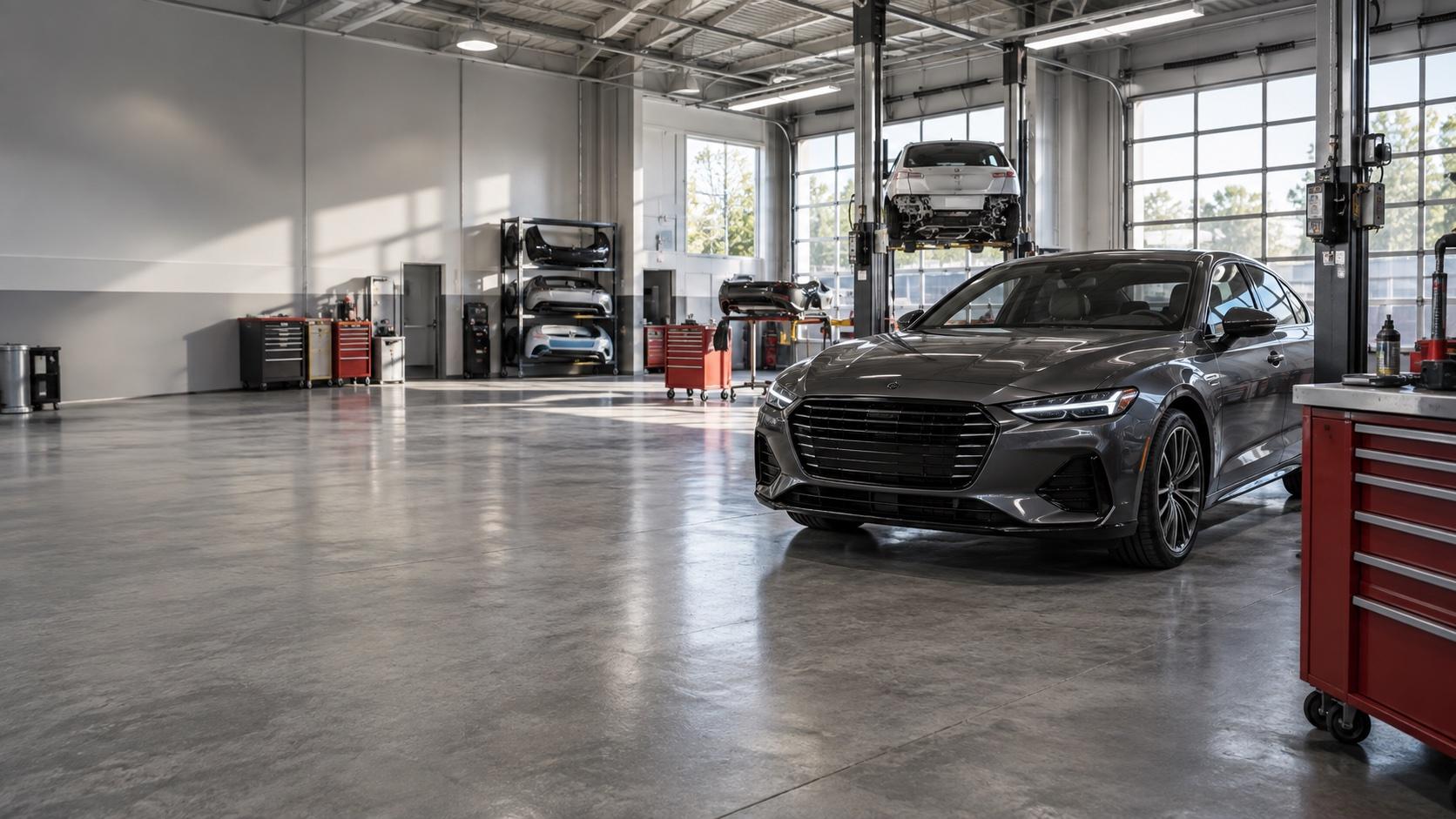 Illustrative modern auto body workshop with a vehicle ready for assessment